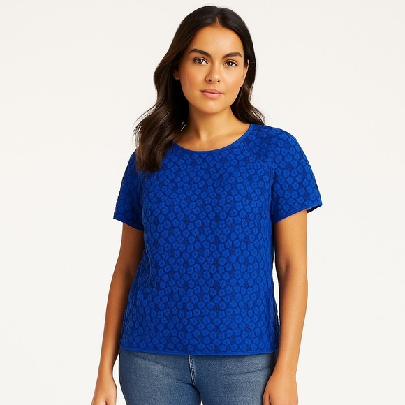 REISS Women's Top Size 4 Blue Floral Embroidered‎ Lace Short Sleeve Blouse